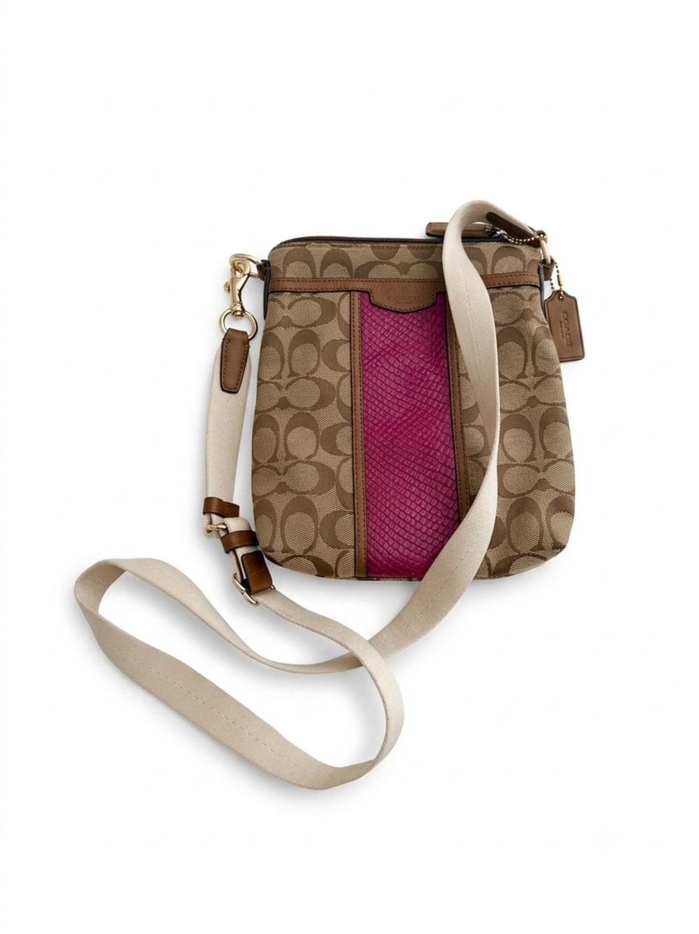 Coach Khaki/Brown Signature Crossbody with Pink Center Panel